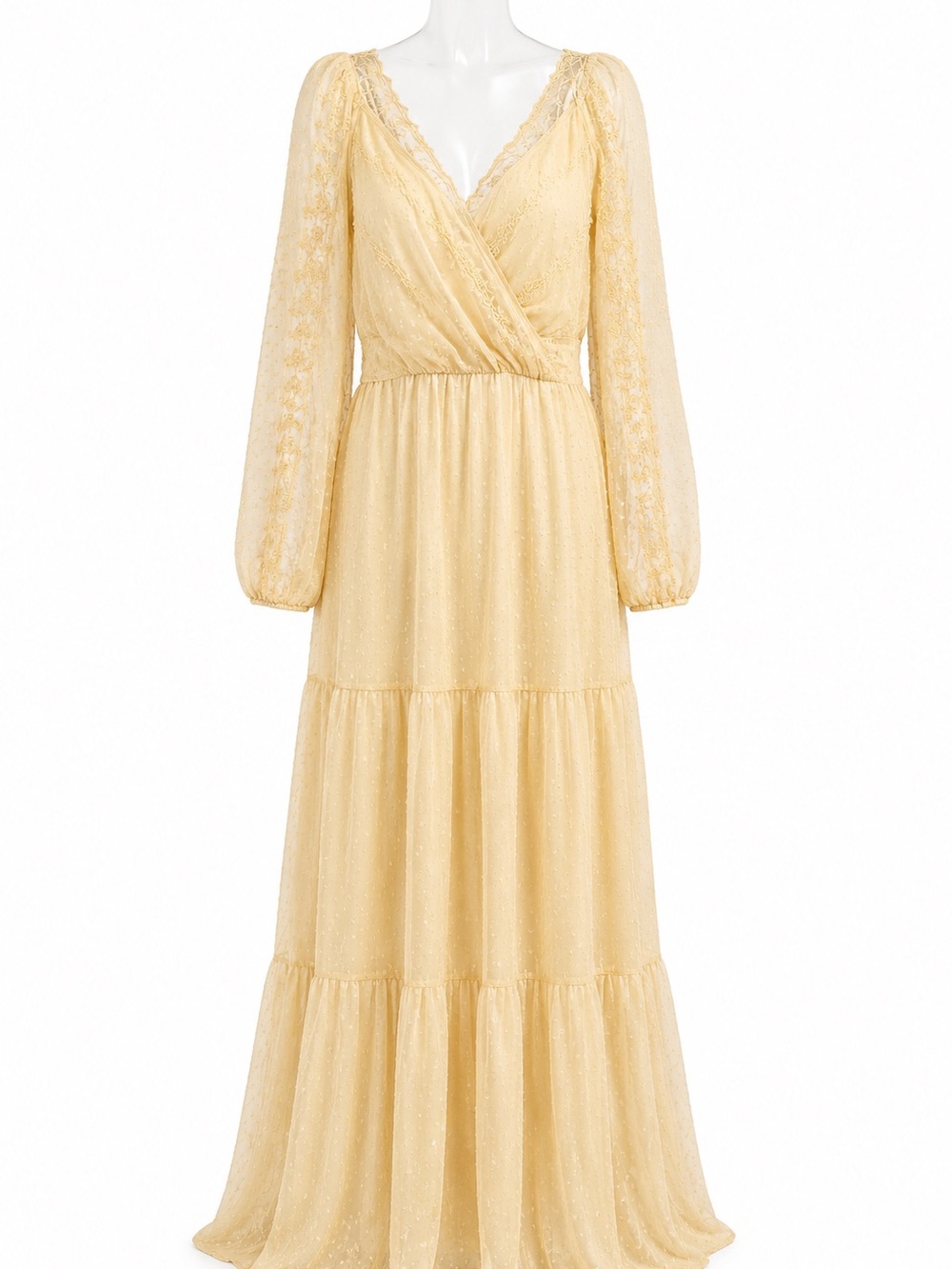 SHEIN Cream Lace Tiered Maxi Dress with Long Sleeves